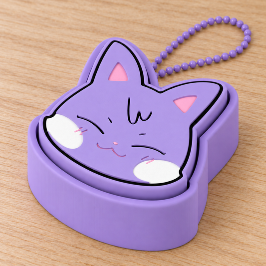 Purple SANdeoki cat clicker with a matching purple ball chain on a warm wooden tabletop, with the chain mounting point hidden behind the top of the base.