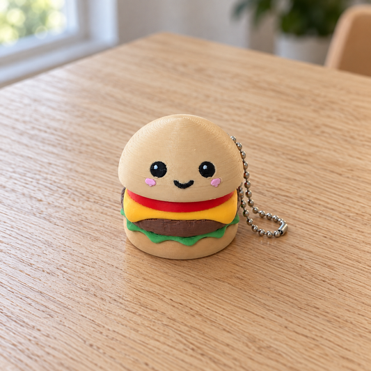 Close-up of Liam's hamburger clicker showing the smiling bun, tomato, cheese, patty, lettuce and silver-coloured ball chain.
