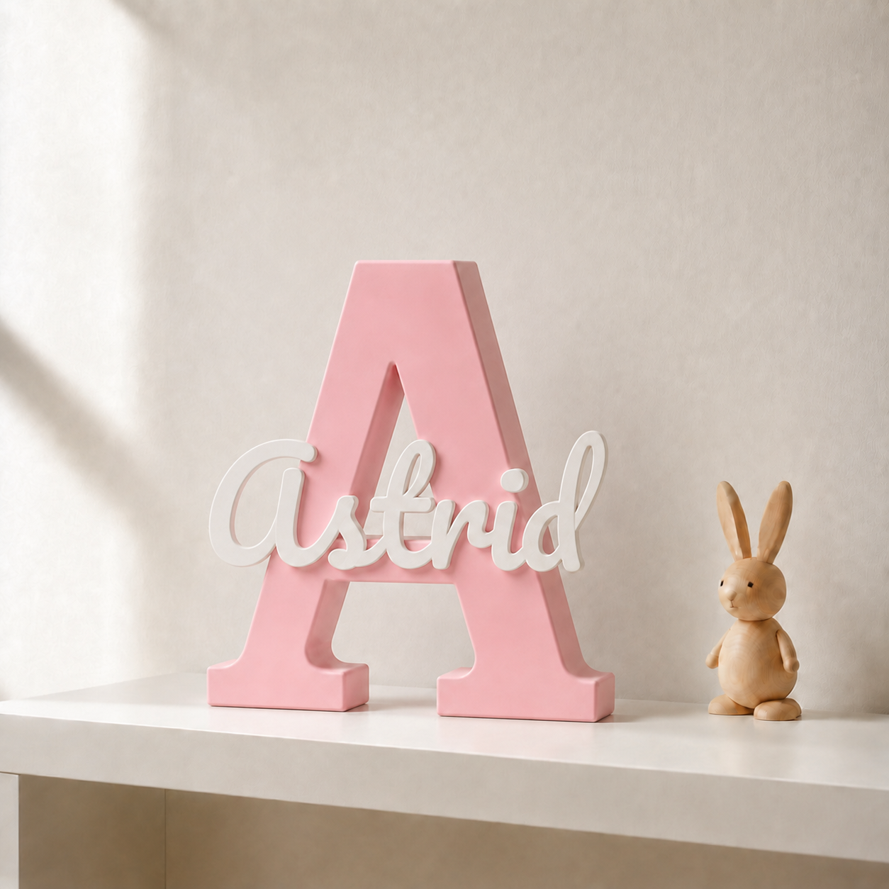Pink 3D printed letter A name sign with the name Astrid in white script, standing on a shelf