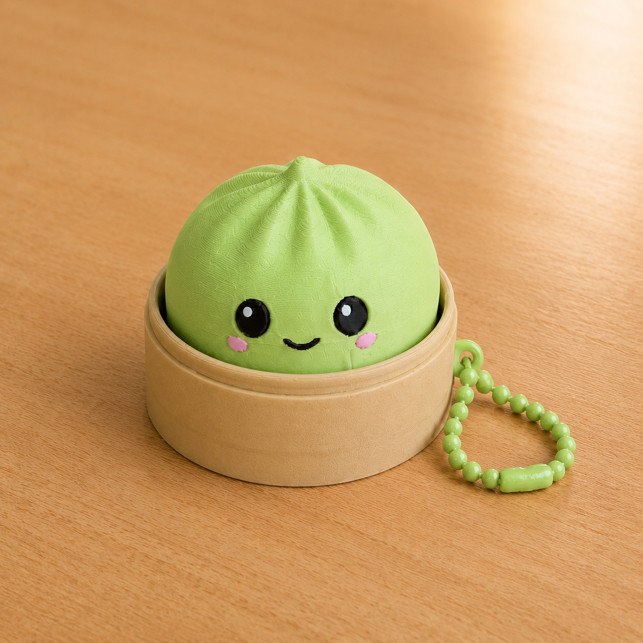 Apple Green dumpling fidget clicker keychain in its bamboo steamer basket, with ball chain