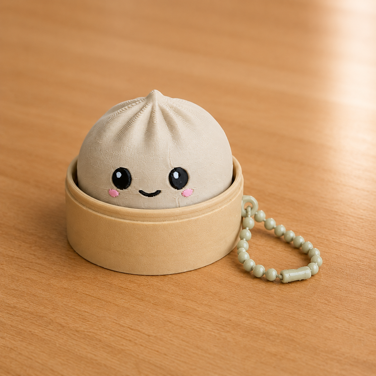 Bone White dumpling fidget clicker keychain in its bamboo steamer basket, with ball chain