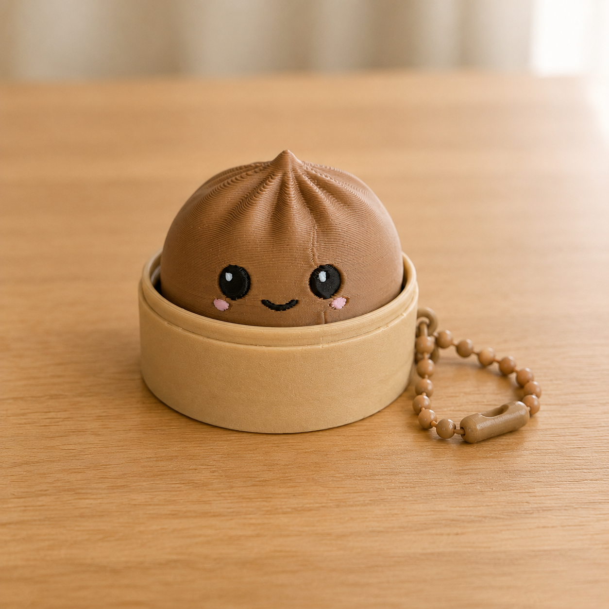 Caramel dumpling fidget clicker keychain in its bamboo steamer basket, with ball chain