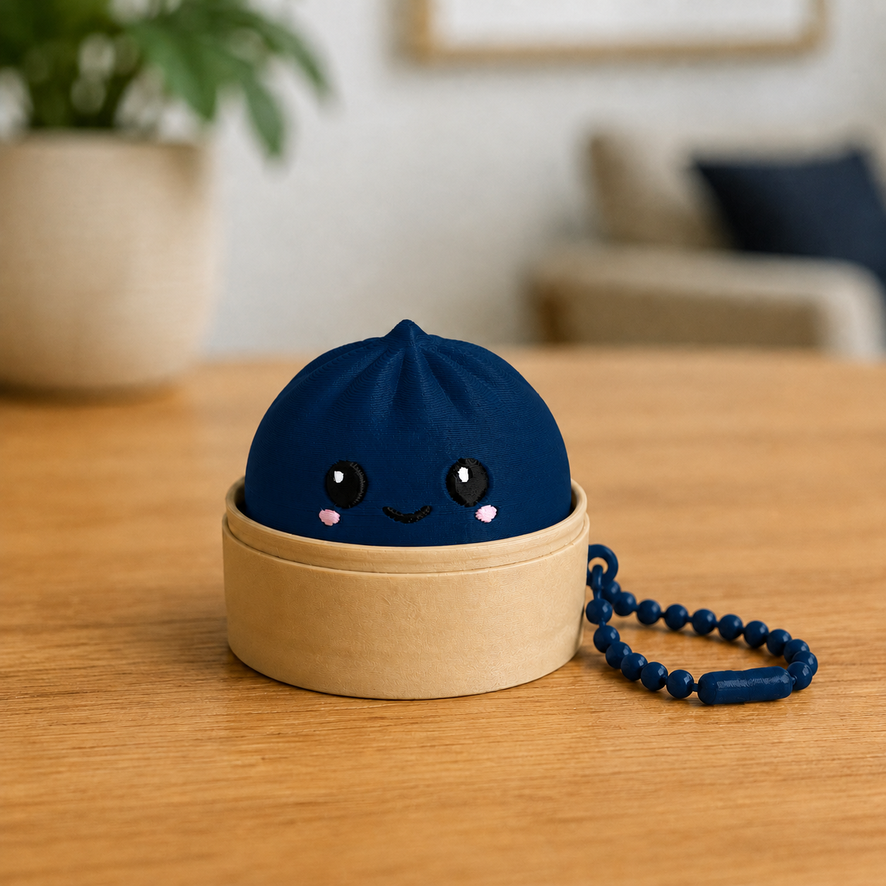 Dark Blue dumpling fidget clicker keychain in its bamboo steamer basket, with ball chain