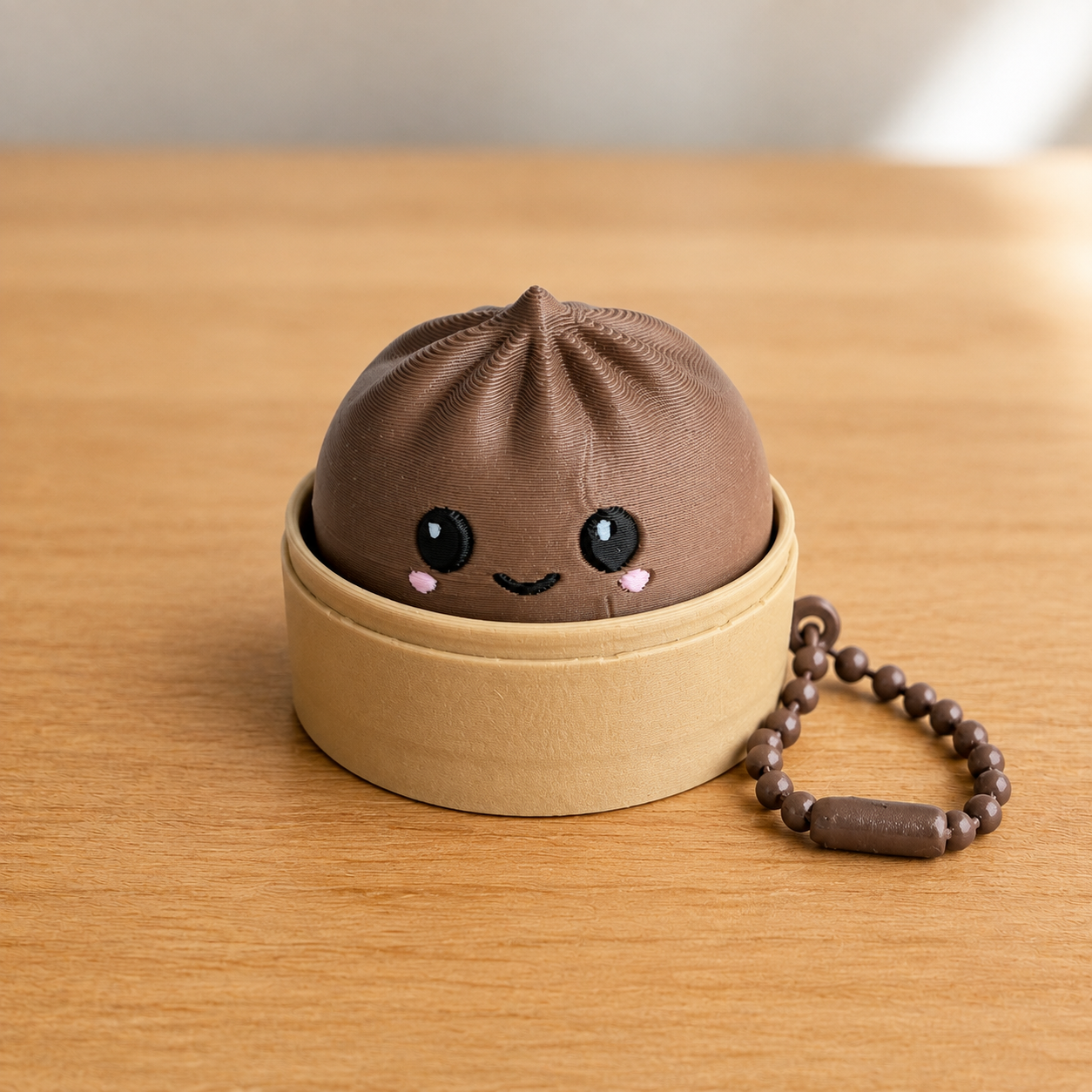 Dark Brown dumpling fidget clicker keychain in its bamboo steamer basket, with ball chain