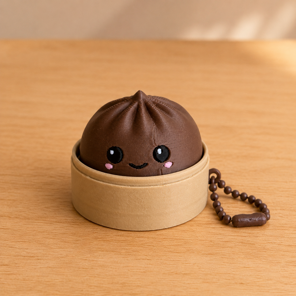 Dark Chocolate dumpling fidget clicker keychain in its bamboo steamer basket, with ball chain