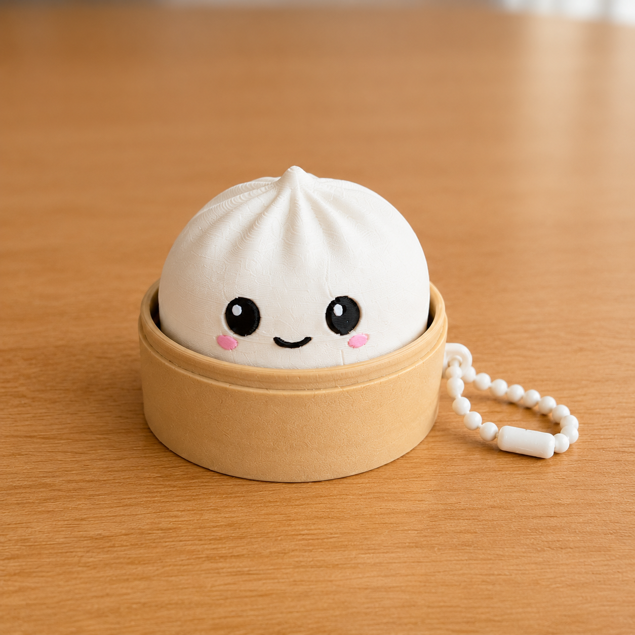 Ivory White dumpling fidget clicker keychain in its bamboo steamer basket, with ball chain