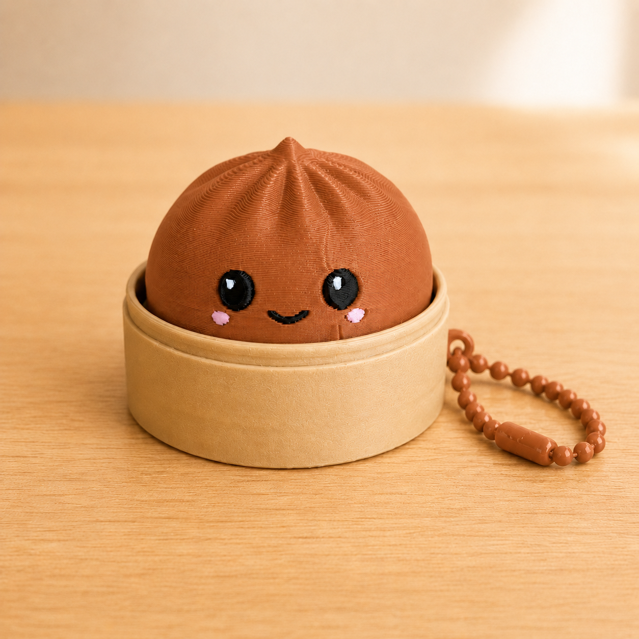 Terracotta dumpling fidget clicker keychain in its bamboo steamer basket, with ball chain