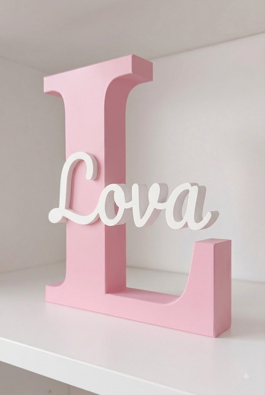 Personalized 3D-printed monogram name sign, photo of a real printed sign — product photo 3