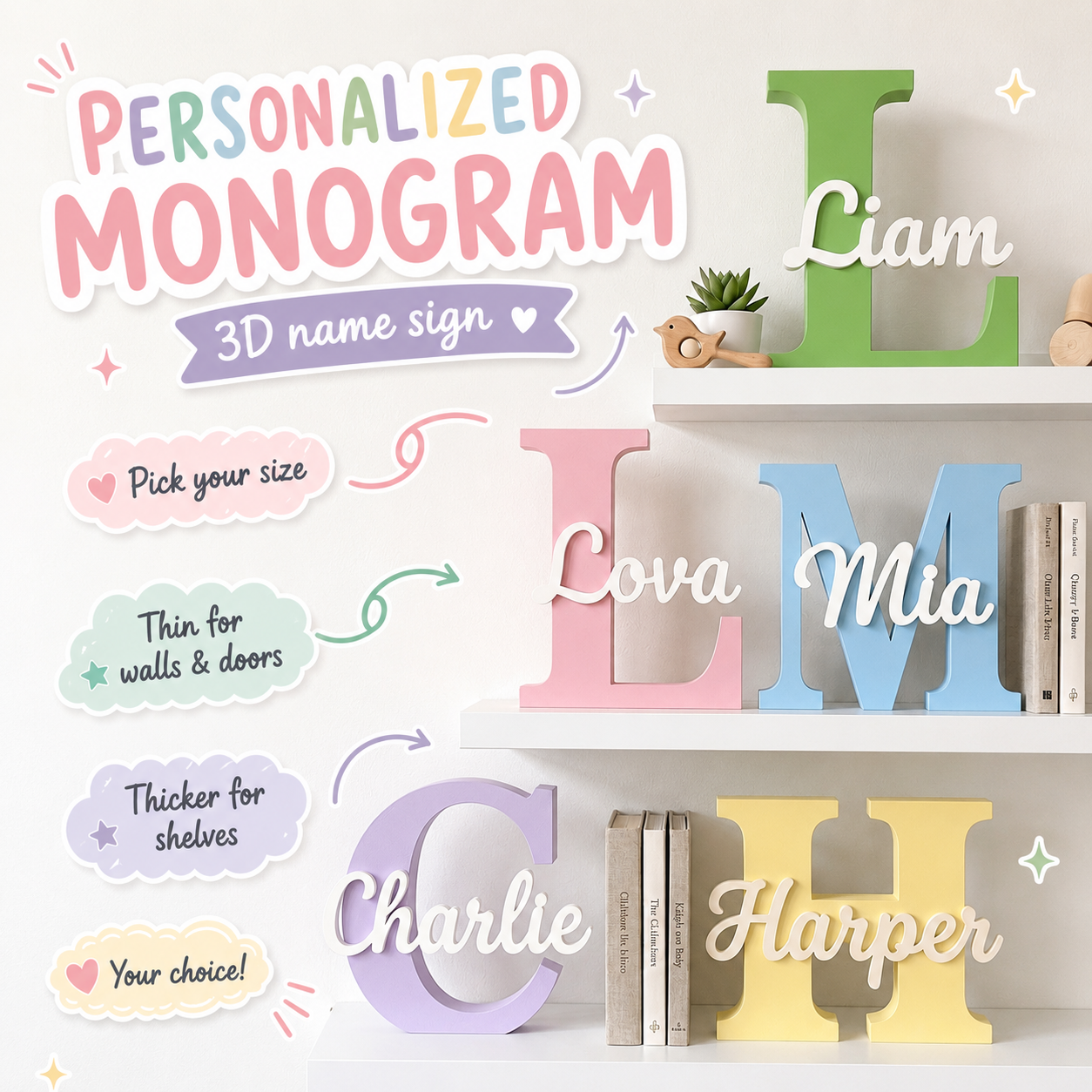 Personalized 3D-printed monogram name sign, photo of a real printed sign — product photo 1