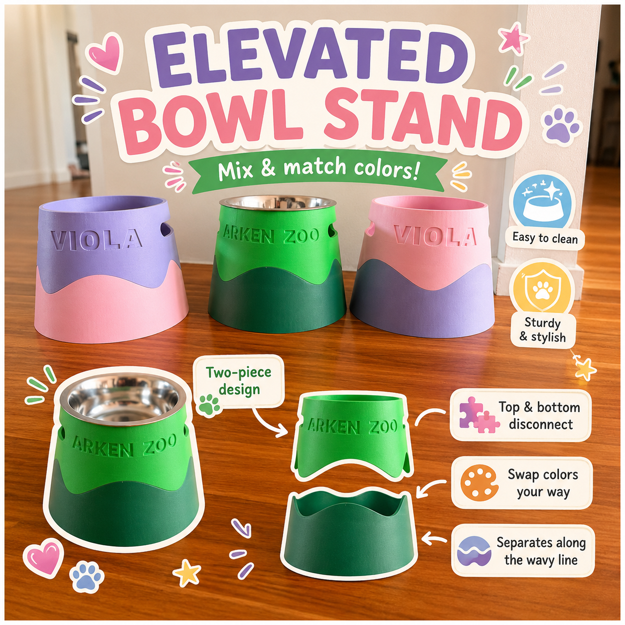 Elevated dog bowl stand in green, two-part 3D-printed design with a wavy joint and a stainless steel bowl