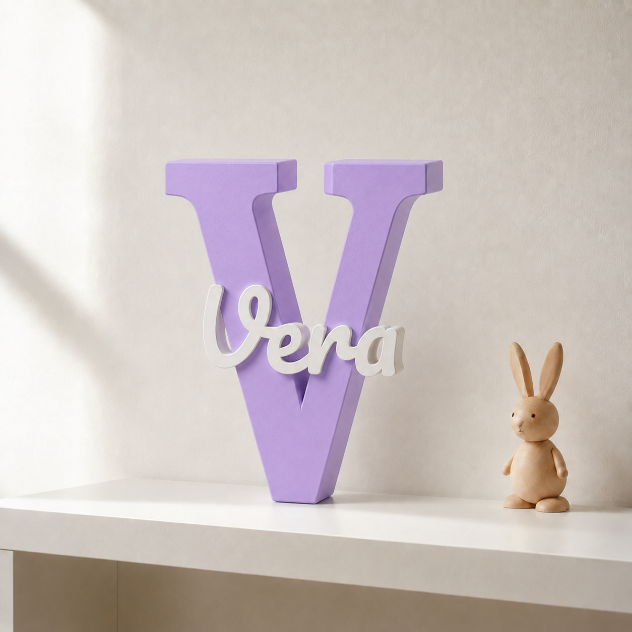 Purple 3D printed letter V name sign with the name Vera in white script, standing on a shelf