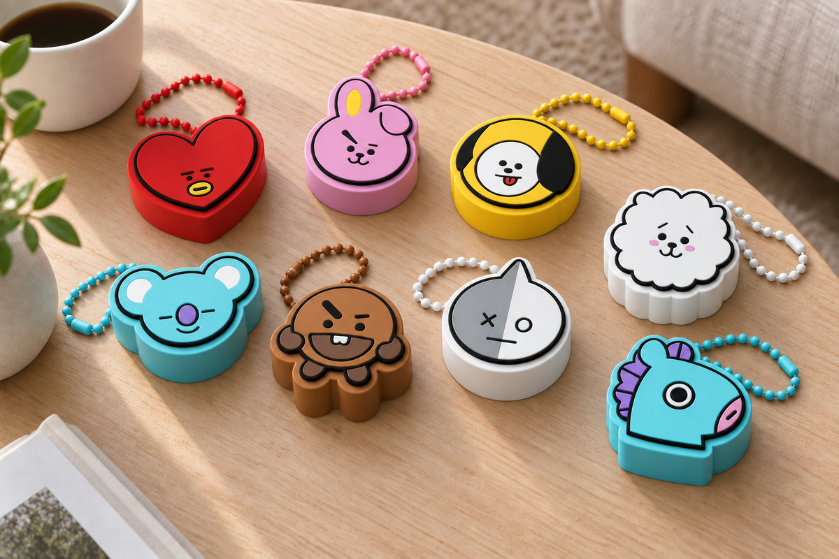 Eight BT21-inspired character clicker keychains with colour-matched plastic ball chains on a light wooden table.