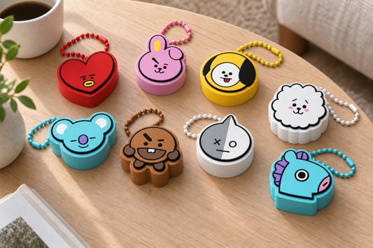Eight BT21-inspired character clicker keychains with colour-matched plastic ball chains on a light wooden table.