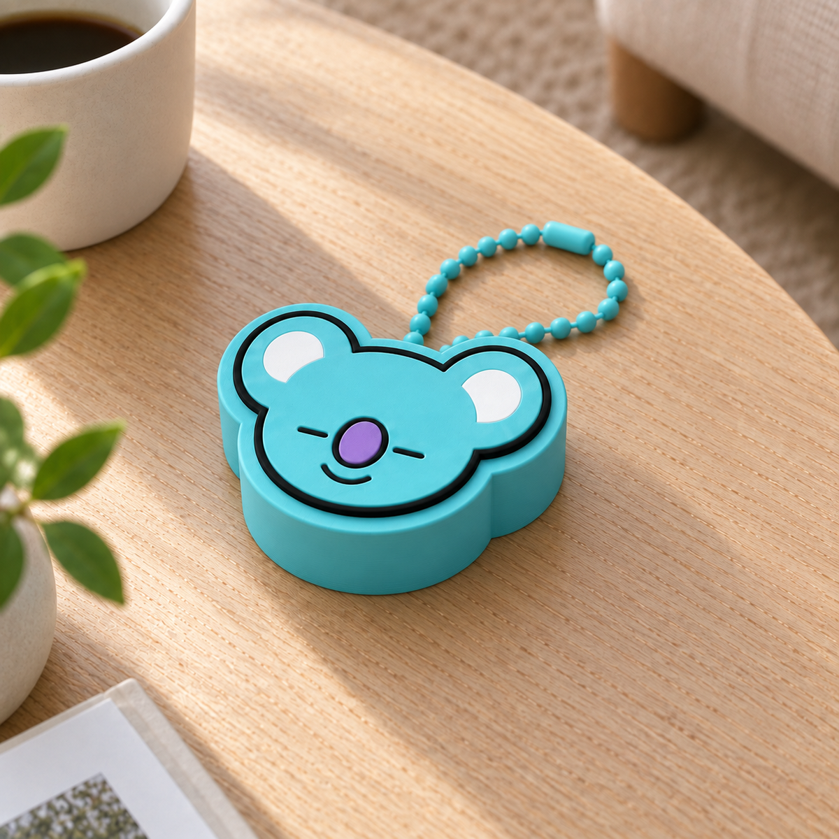 Light blue KOYA koala clicker with white inner ears, a purple nose and a matching plastic ball chain on a wooden table.