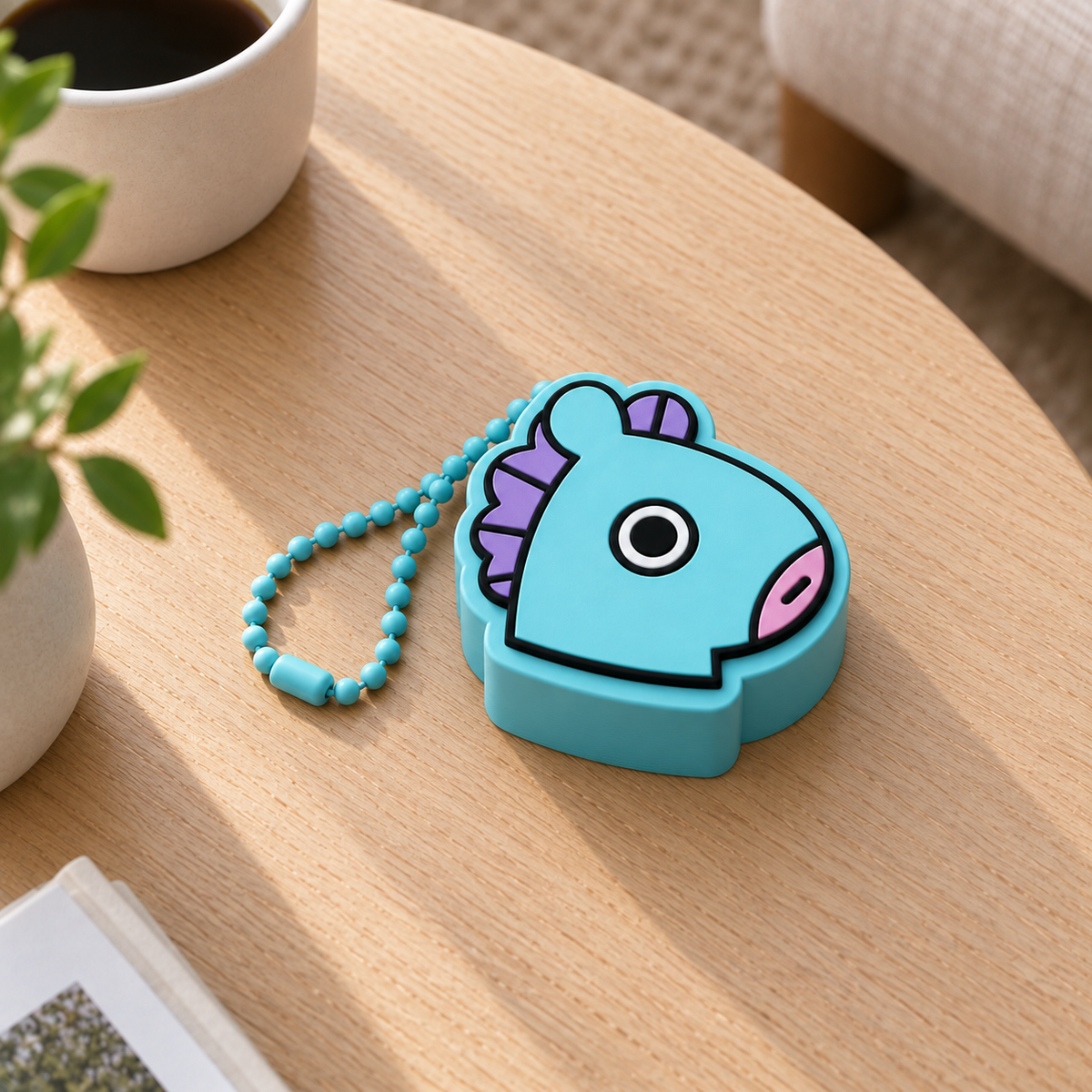 MANG clicker in the classic blue horse-mask design, with a purple mane, pink nose and a blue plastic ball chain.