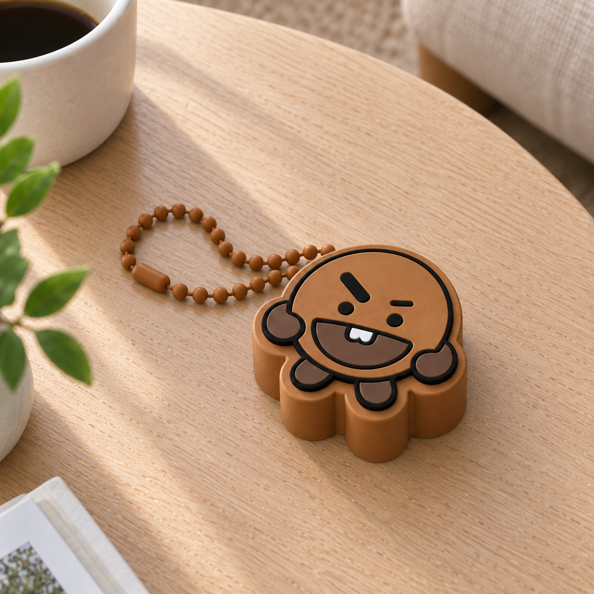 Brown SHOOKY cookie clicker with dark brown details and a brown plastic ball chain on a light wooden table.