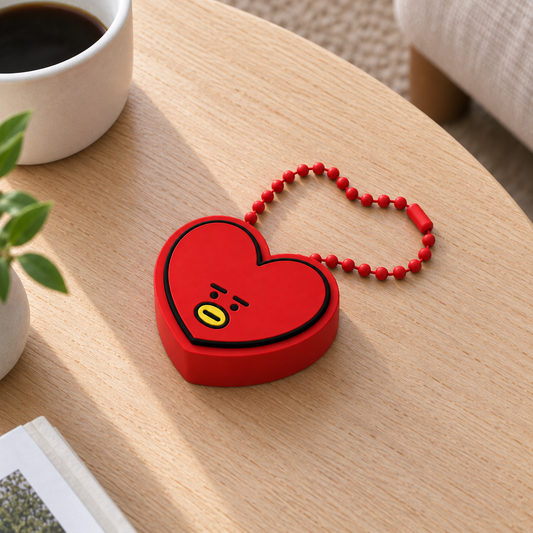 Red TATA heart clicker with a red plastic ball chain looped to the right on a light wooden table.