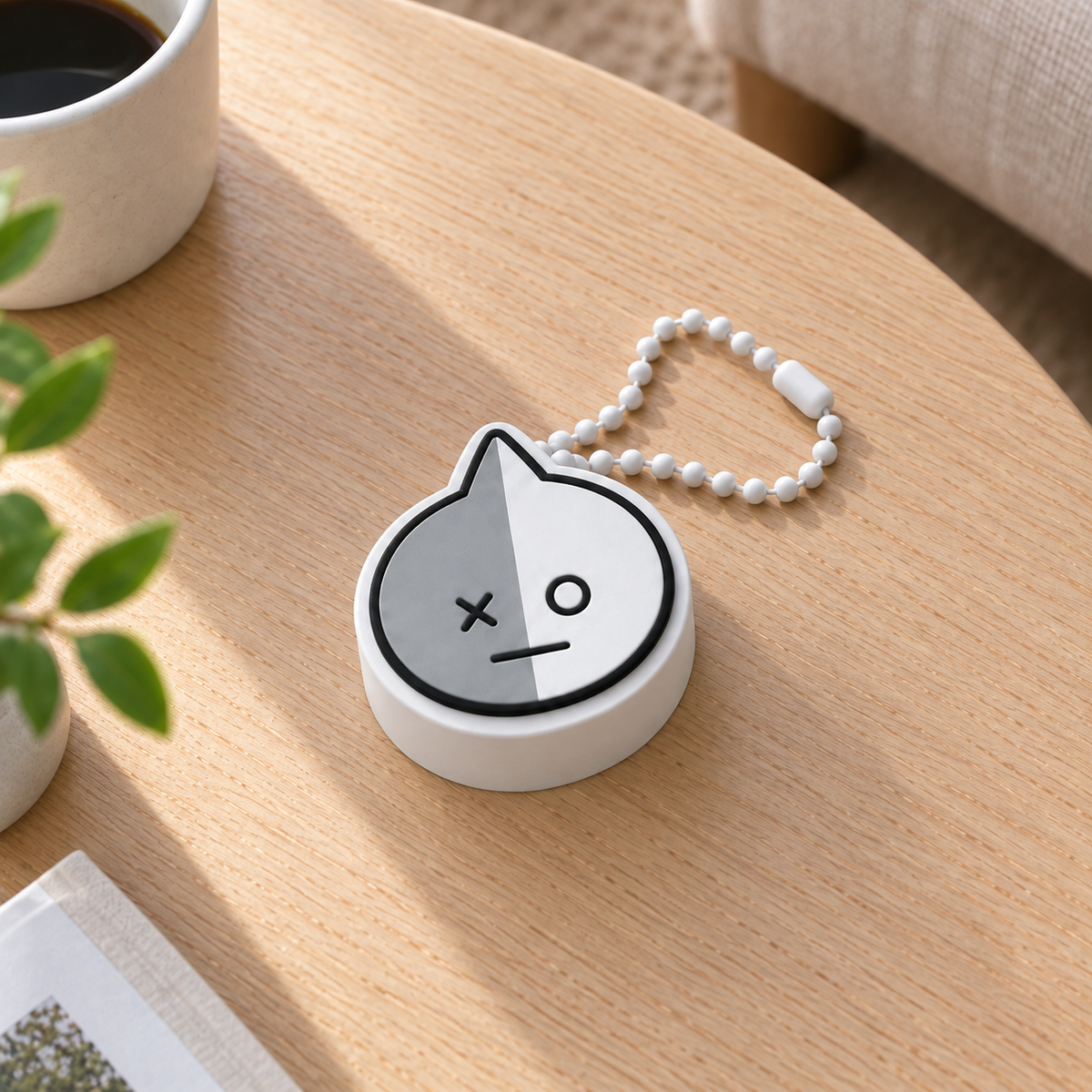 Grey-and-white VAN guardian robot clicker on a white base with a white plastic ball chain on a wooden table.