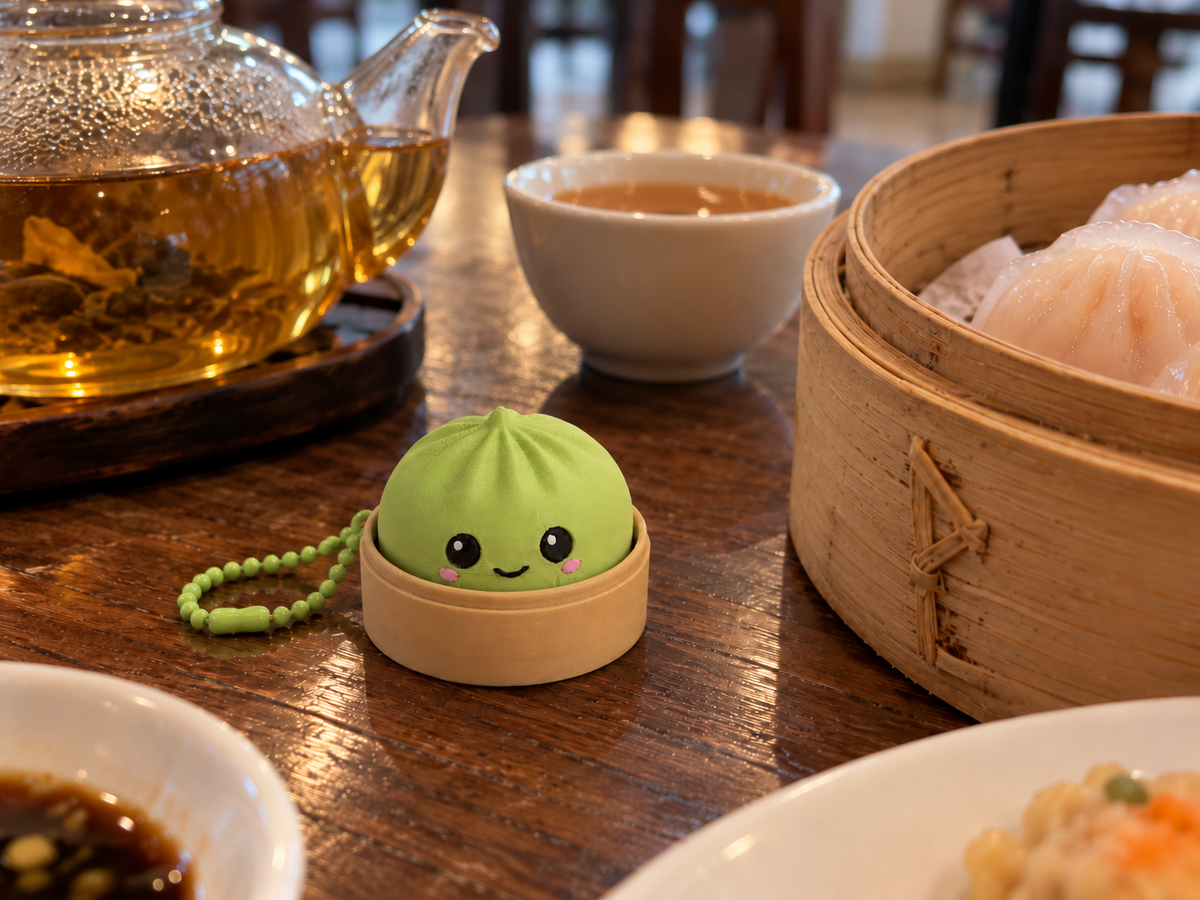 Apple green 3D-printed dumpling clicker keychain on a wooden dim sum tea table with a glass teapot and bamboo steamer