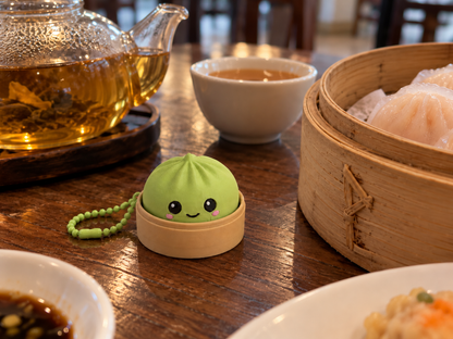 Apple green 3D-printed dumpling clicker keychain on a wooden dim sum tea table with a glass teapot and bamboo steamer