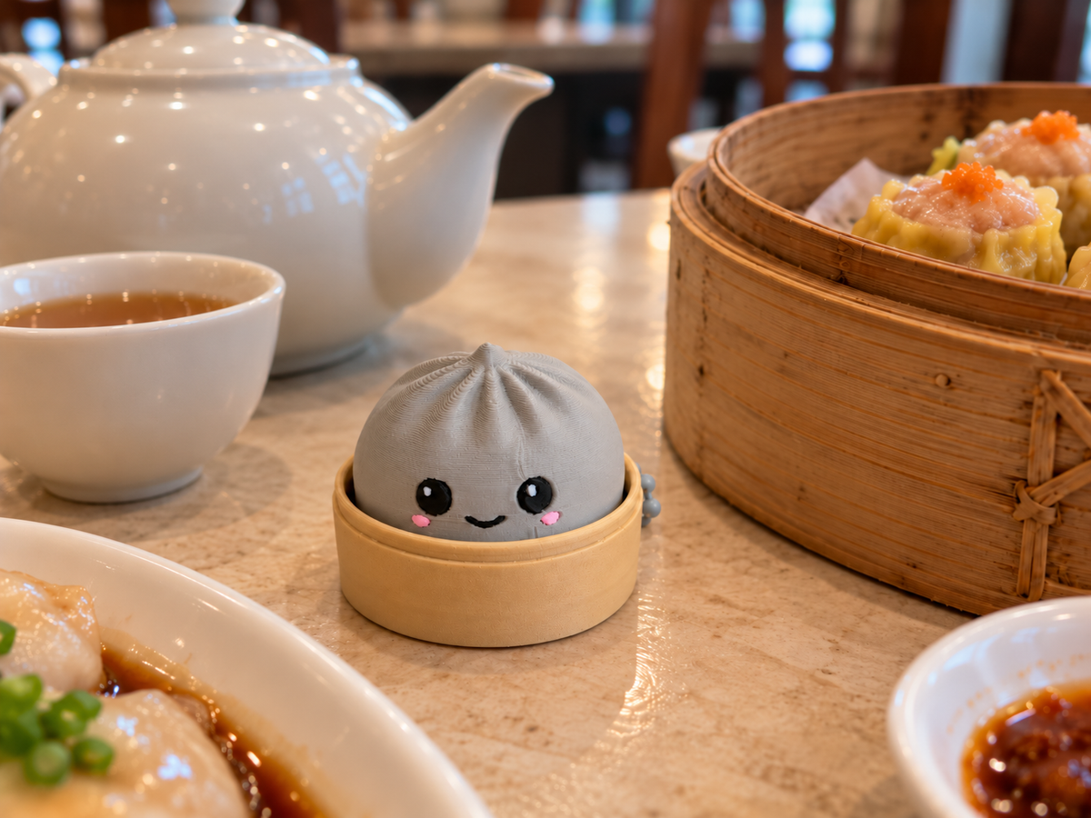 Ash gray 3D-printed dumpling clicker keychain on a stone dim sum table with a white teapot and a bamboo steamer of siu mai