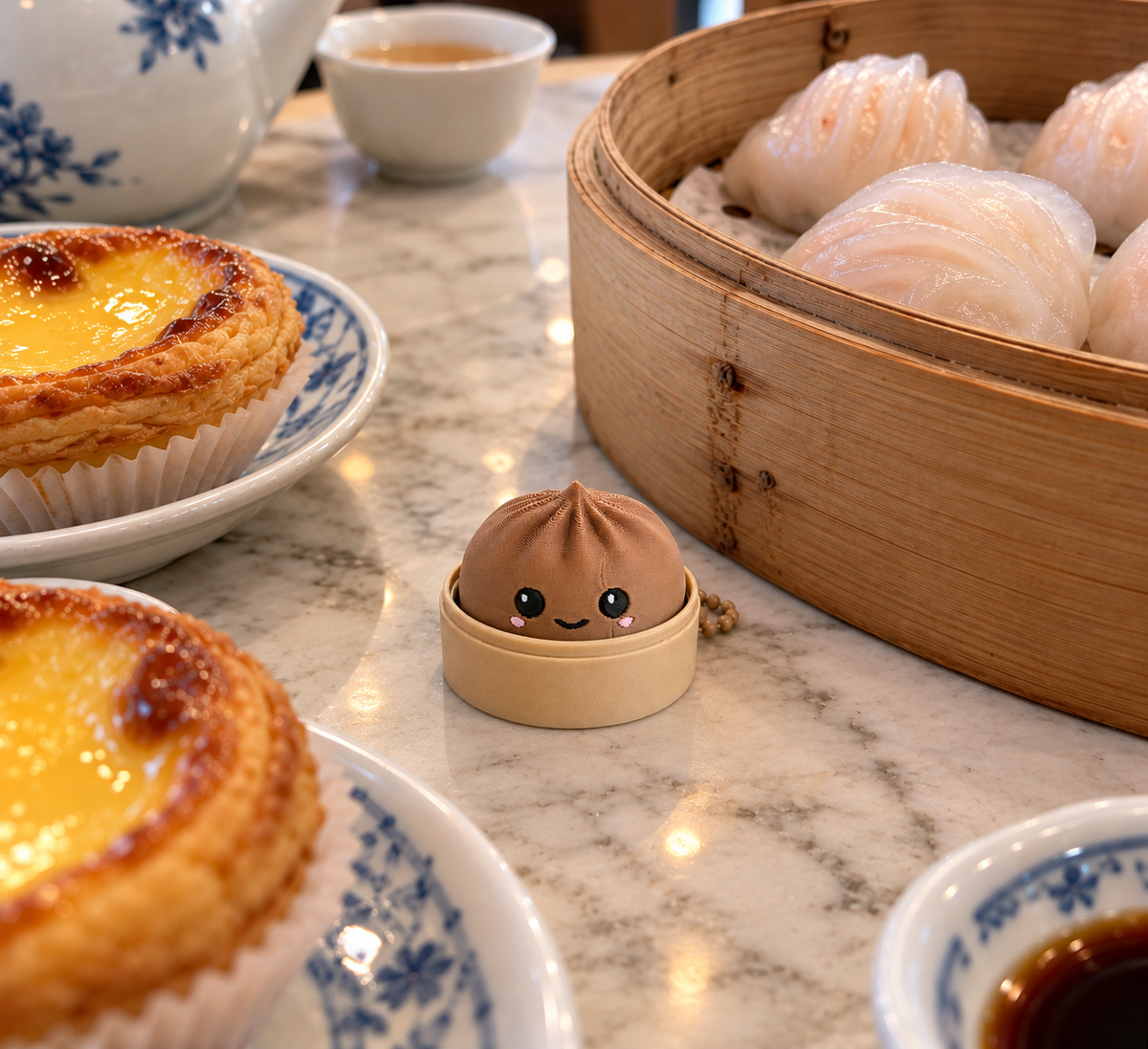 Caramel 3D-printed dumpling clicker keychain on a marble dim sum table between egg tarts and a bamboo steamer of har gow