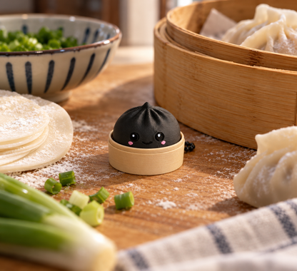 Charcoal black 3D-printed dumpling clicker keychain on a floured wooden kitchen board with dumpling wrappers, spring onions and a bamboo steamer