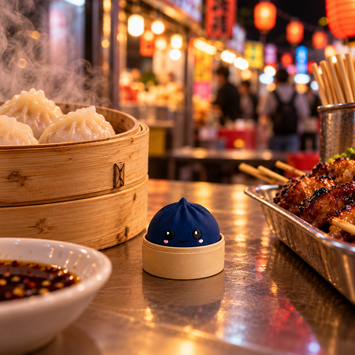 Dark blue 3D-printed dumpling clicker keychain on a night market food stall counter next to steamed dumplings and grilled skewers