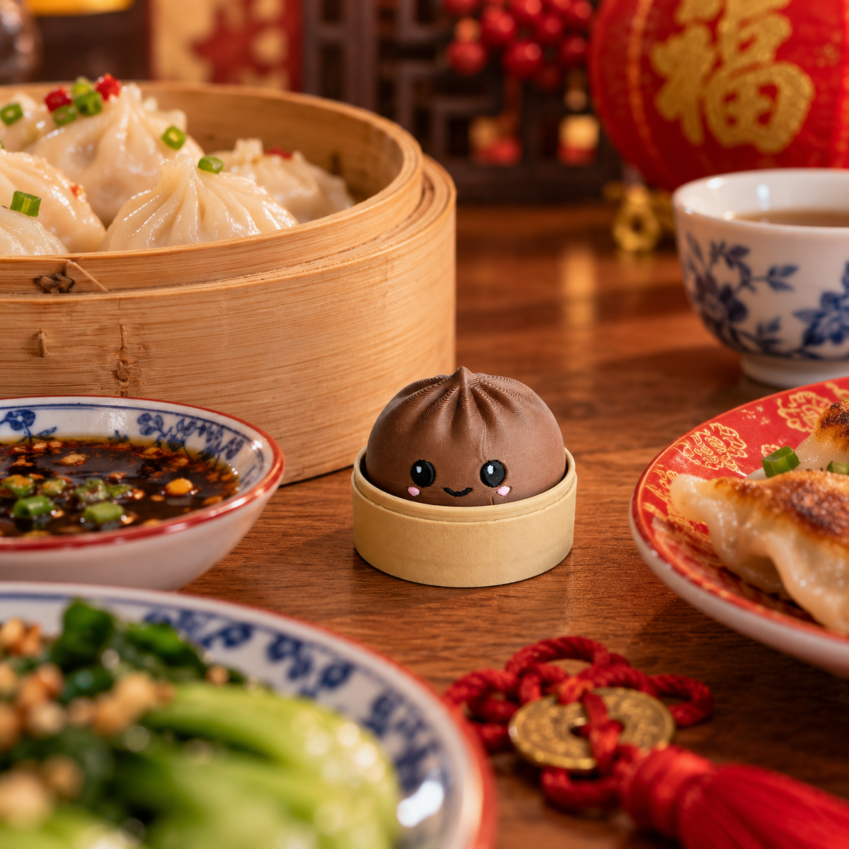 Dark brown 3D-printed dumpling clicker on a Chinese New Year dinner table with soup dumplings, potstickers and red decorations