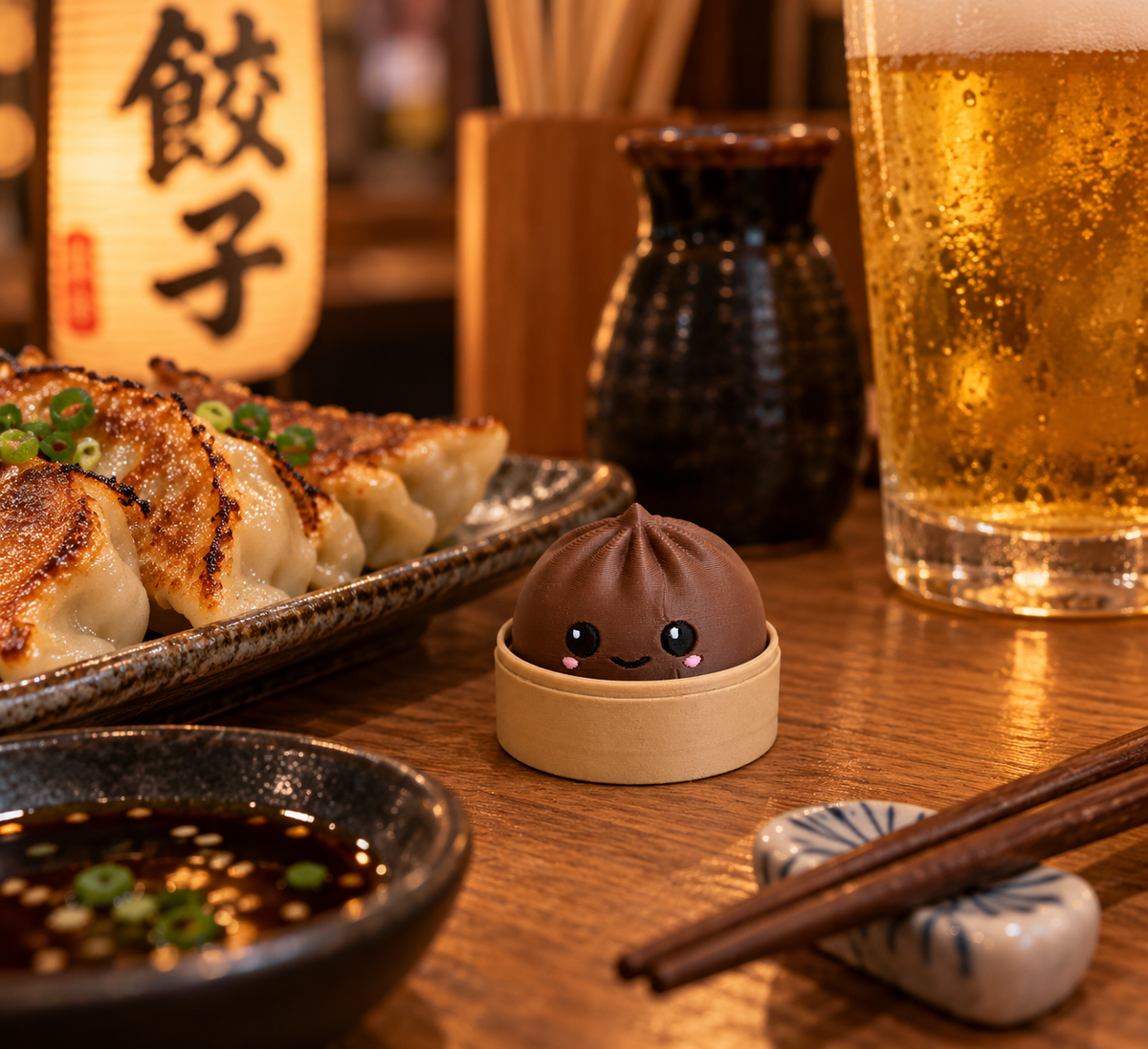 Dark Chocolate dumpling fidget clicker keychain on a wooden izakaya table beside pan-fried gyoza and a glass of beer