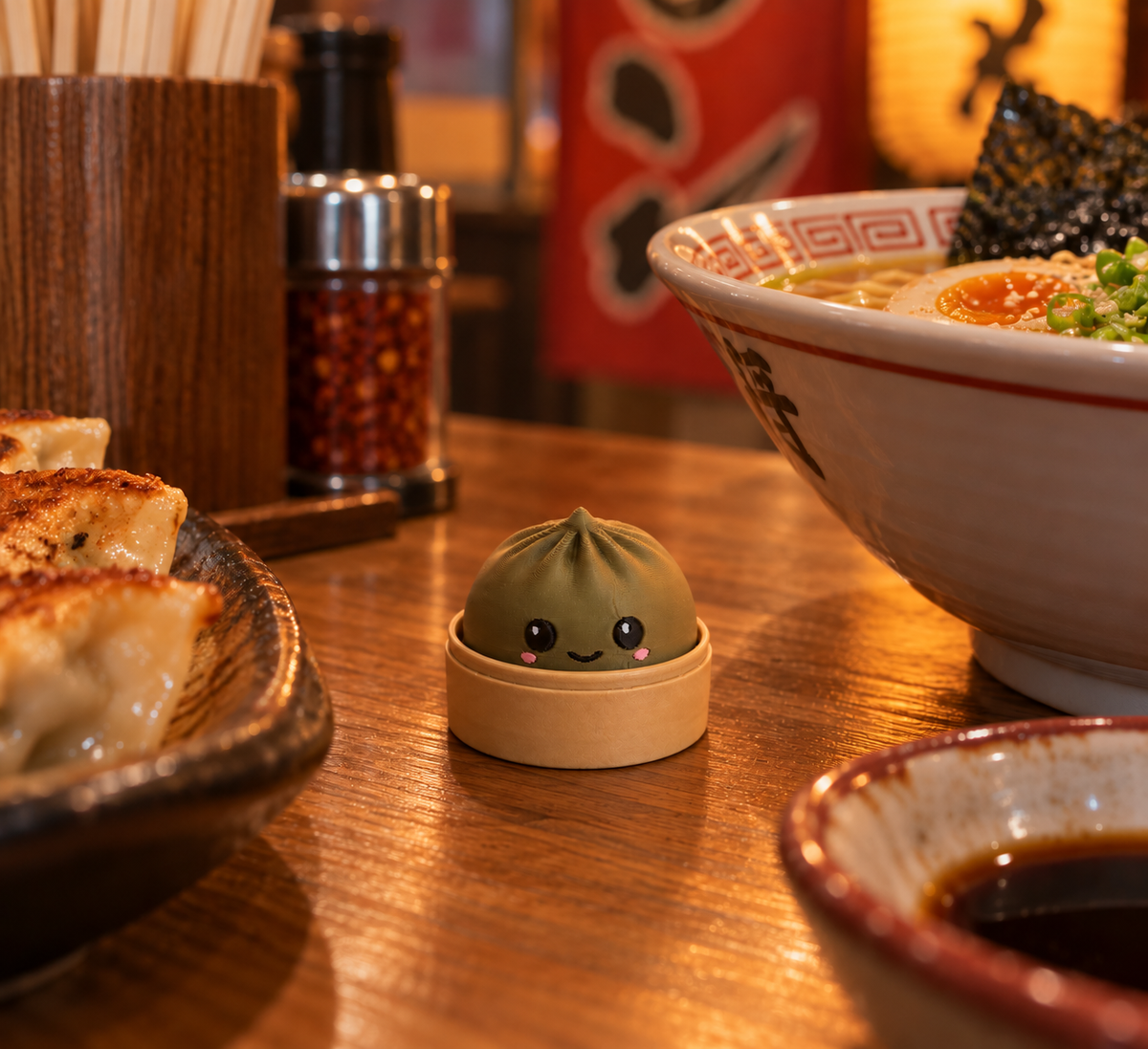Dark Green dumpling fidget clicker keychain on a ramen shop counter beside a bowl of ramen and pan-fried gyoza