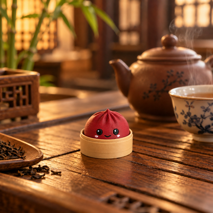 Dark Red dumpling fidget clicker keychain on a wooden tea house table beside a clay teapot and a cup of tea