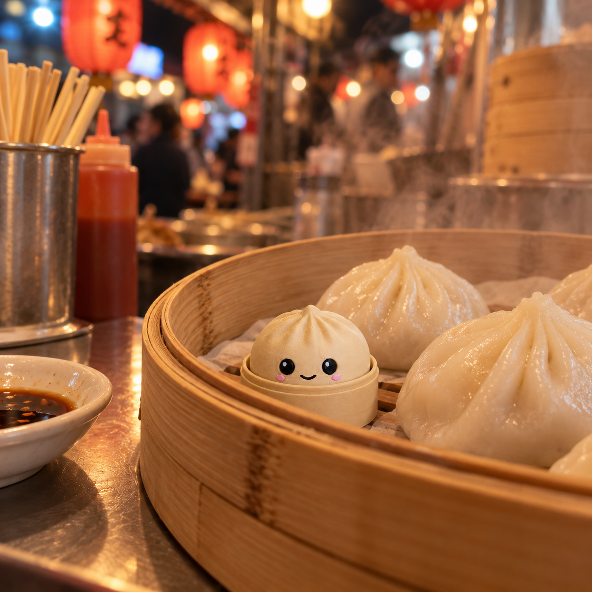 Desert Tan dumpling fidget clicker keychain in a bamboo steamer beside soup dumplings at a lantern-lit night market stall