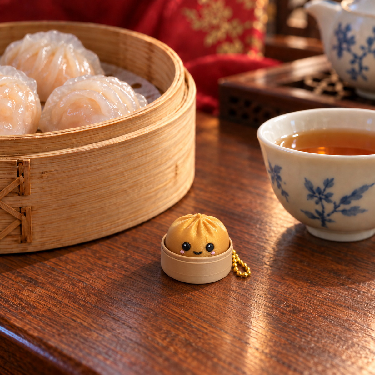 Gold Dumpling Fidget Clicker Keychain in its mini bamboo steamer on a dim sum table with har gow, jasmine tea and a red silk backdrop