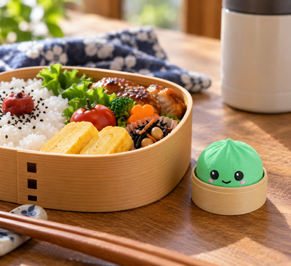 Grass Green dumpling fidget clicker keychain on a wooden table beside a Japanese bento lunch box