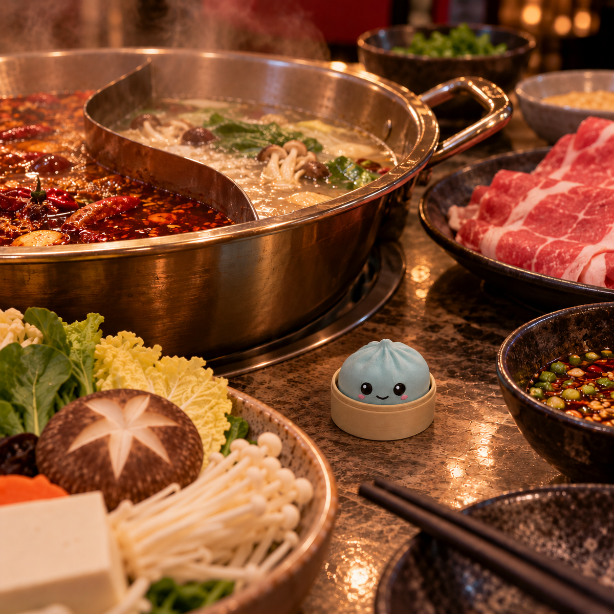 Ice Blue dumpling fidget clicker keychain on a hot pot dinner table beside fresh mushrooms and sliced beef