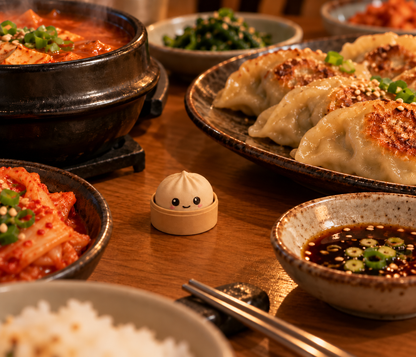 Ivory White dumpling fidget clicker keychain on a Korean dinner table beside pan-fried mandu, kimchi and dipping sauce
