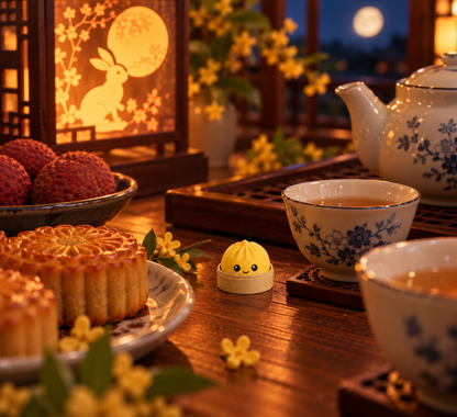 Lemon Yellow dumpling fidget clicker keychain on a Mid-Autumn Festival tea table with mooncakes and tea