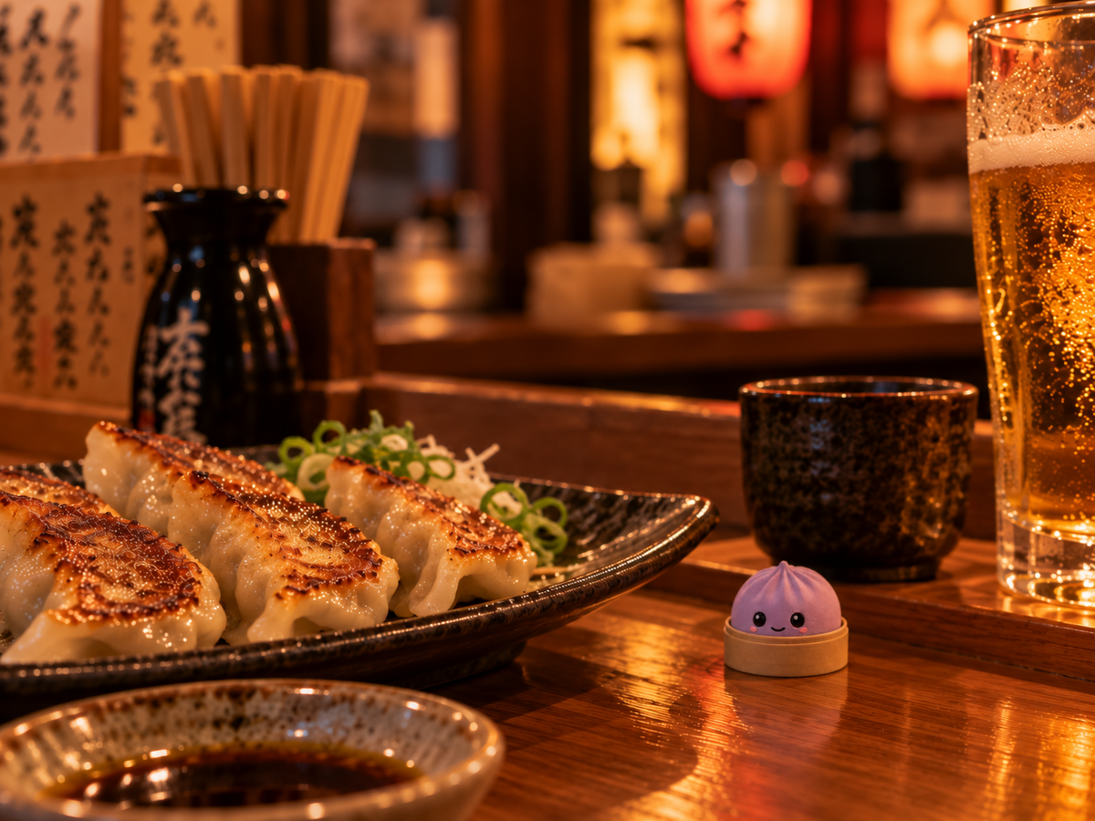 Lilac Purple dumpling fidget clicker keychain on a Japanese izakaya counter beside gyoza and a sake cup
