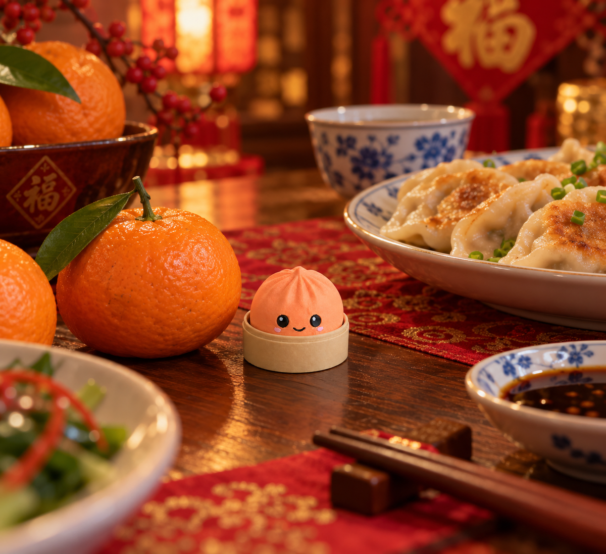 Mandarin Orange dumpling fidget clicker keychain on a Chinese New Year dinner table beside mandarins and jiaozi