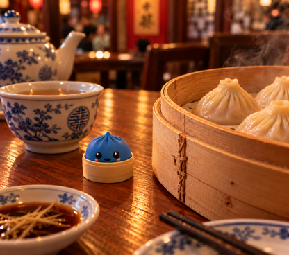 Marine Blue dumpling fidget clicker keychain on a Shanghai xiaolongbao restaurant table beside a steamer of soup dumplings
