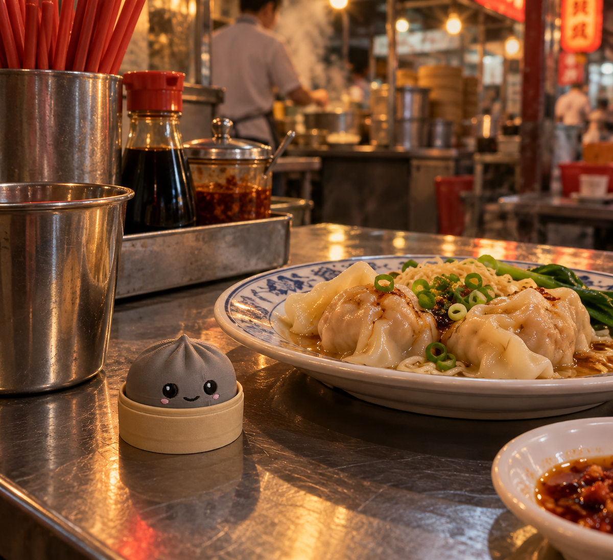 Nardo Gray dumpling fidget clicker keychain on a Hong Kong street kitchen table beside a plate of wontons