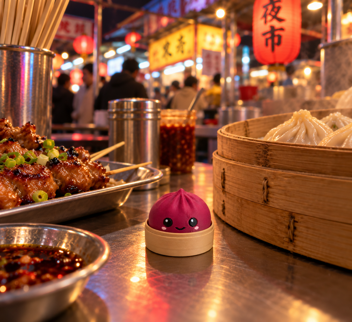 Plum dumpling fidget clicker keychain at a Taiwanese night market stall beside a steamer of soup dumplings