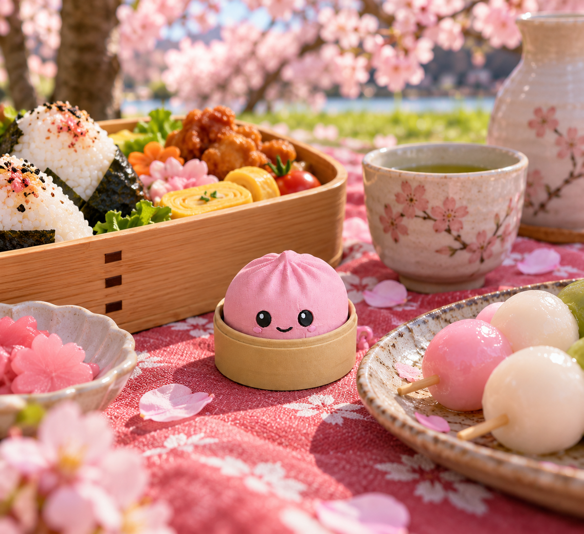 Sakura Pink dumpling fidget clicker keychain in its bamboo steamer on a cherry blossom hanami picnic with bento, dango and green tea