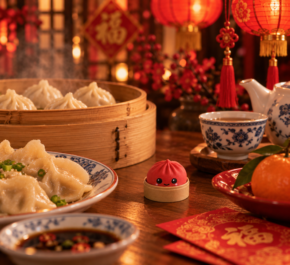 Scarlet Red dumpling fidget clicker keychain in its bamboo steamer on a Lunar New Year dinner table with dumplings, tea, tangerines and red lanterns