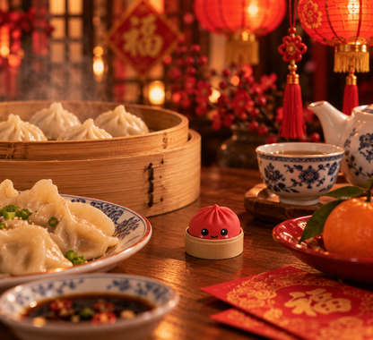 Scarlet Red dumpling fidget clicker keychain in its bamboo steamer on a Lunar New Year dinner table with dumplings, tea, tangerines and red lanterns