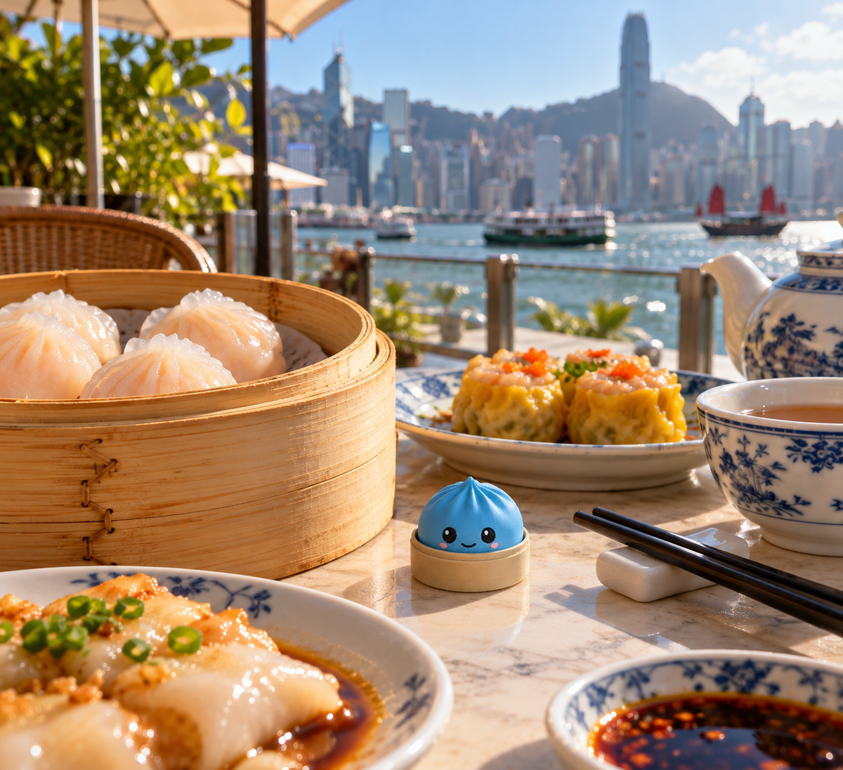 Sky Blue dumpling fidget clicker keychain in its bamboo steamer at a Hong Kong harbour dim sum brunch with har gow, siu mai and tea