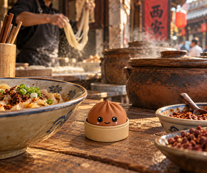 Terracotta dumpling fidget clicker keychain in its bamboo steamer on a Xi'an street food stall counter with clay pots and hand-pulled noodles