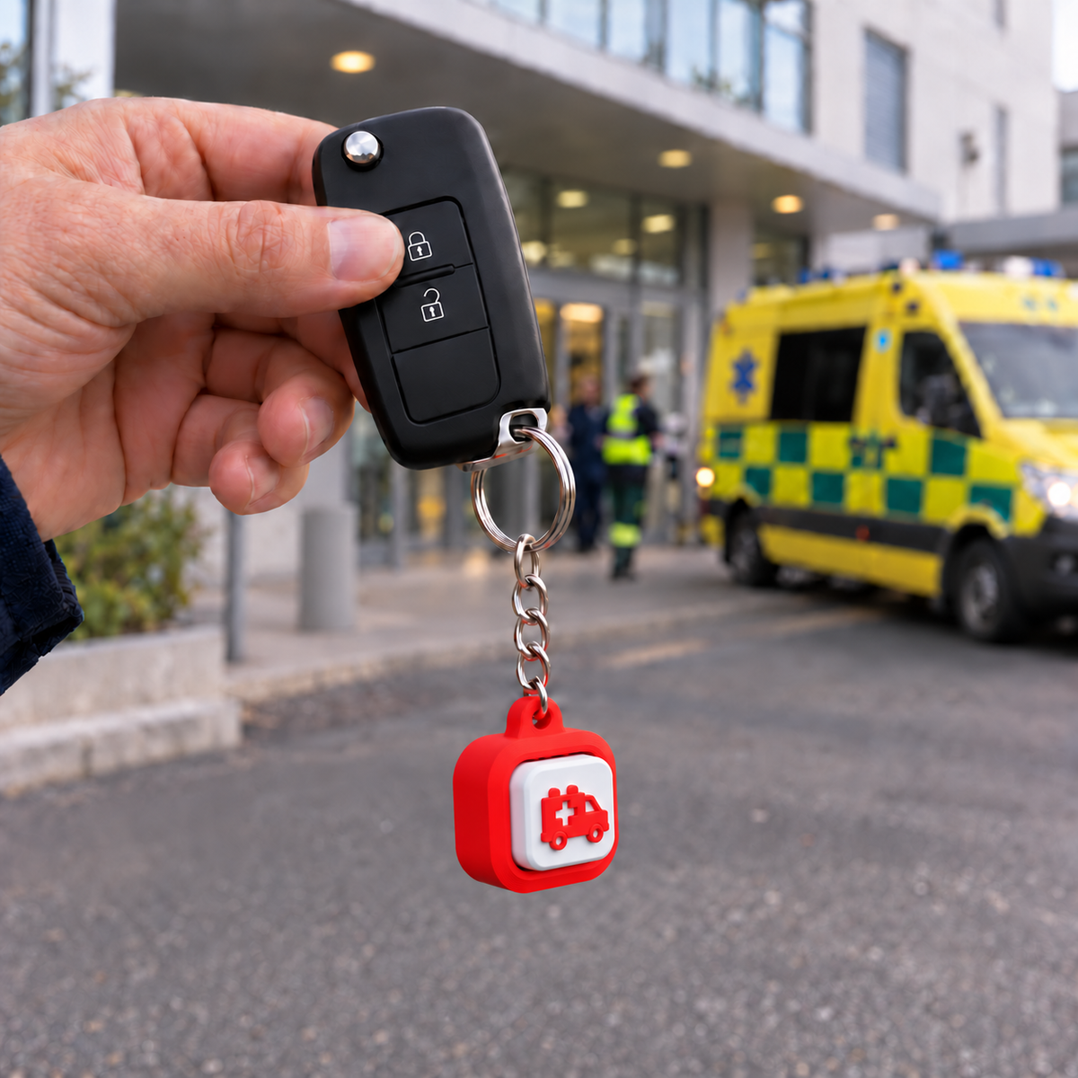 Red ambulance clicker with a white button, attached to a car key outside a hospital.