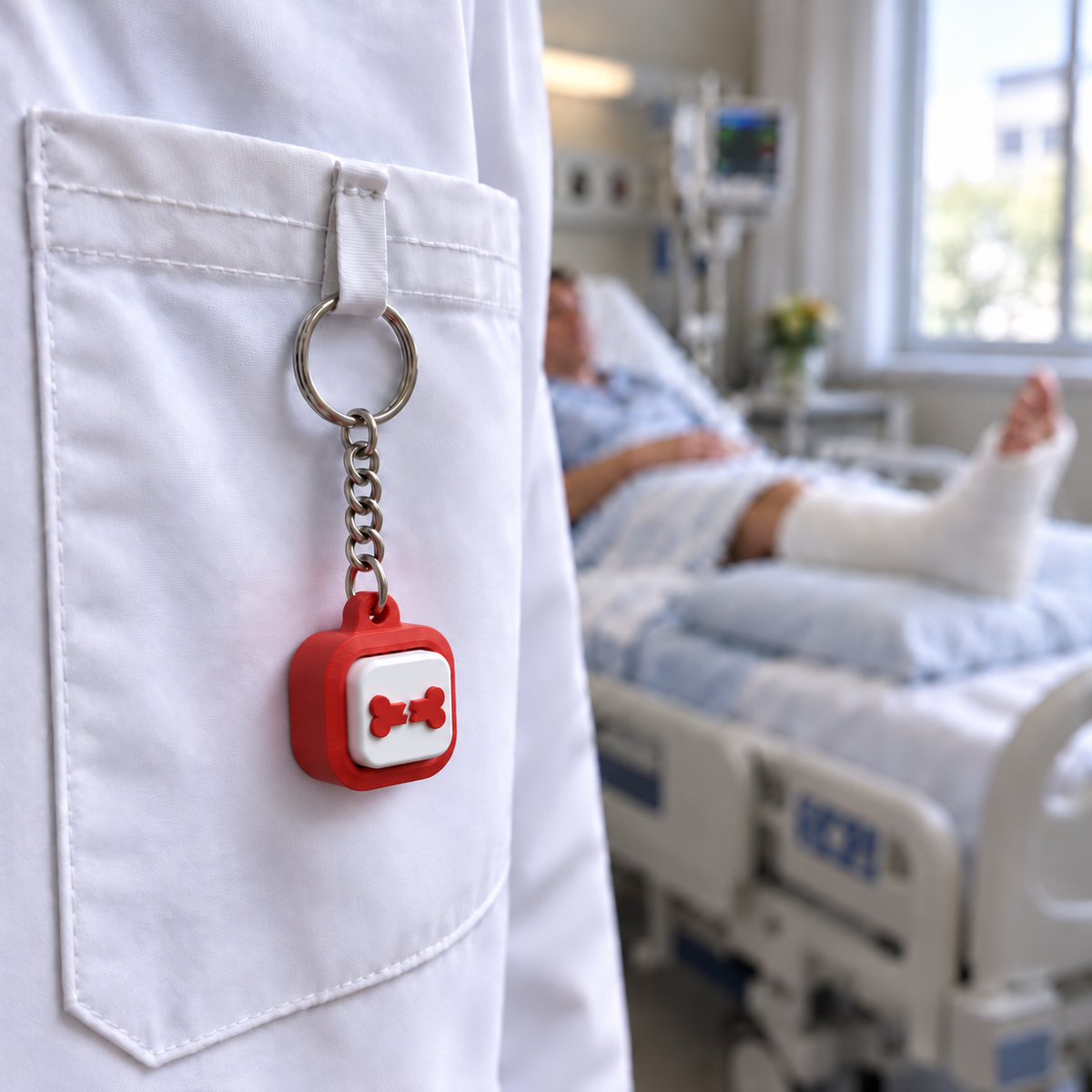 Red broken-bone clicker with a white button, hanging from a white coat in a hospital room.